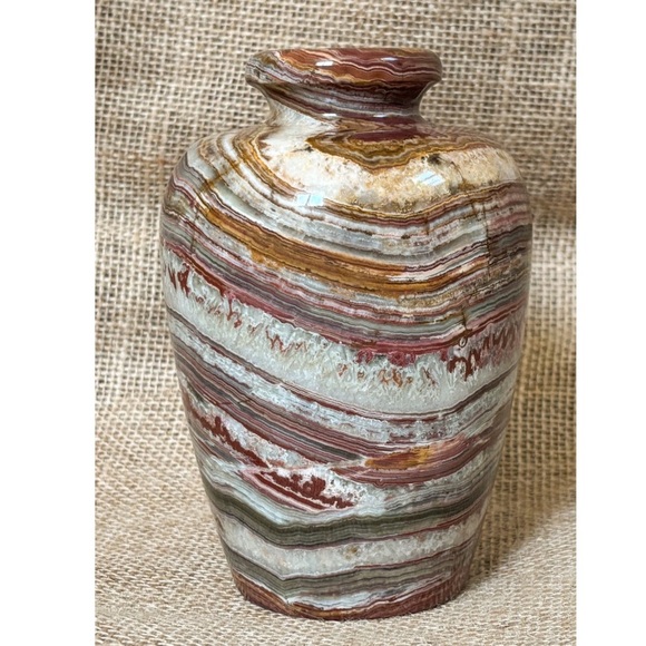 Polished Carved Onyx Marble Vase Earth Tones Rustic Cottage Core Heavyweight - Picture 4 of 7